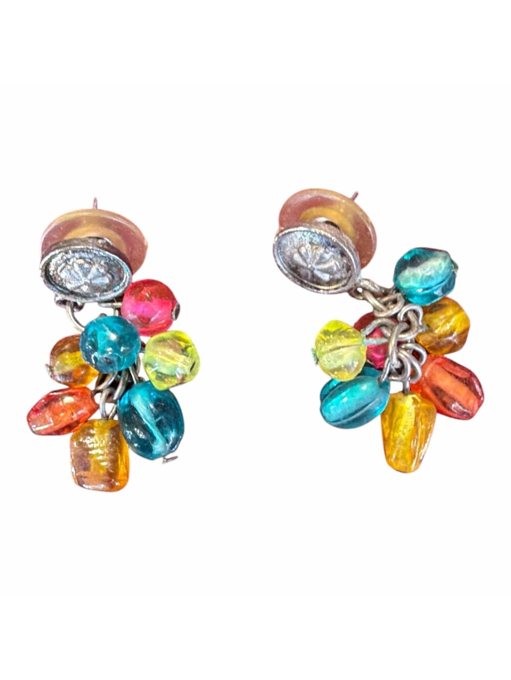 Dangle Earrings with Colorful Beads and Silver Tone Tops